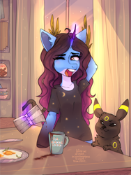 Size: 3120x4160 | Tagged: safe, artist:biskvit, imported from derpibooru, oc, oc only, pony, unicorn, clothes, coffee, commission, cookie, cup, cute, desk, detailed, detailed background, food, kitchen, morning, morning ponies, plant, pokémon, shirt, solo, t-shirt, ych result, your character here