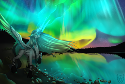 Size: 4500x3000 | Tagged: safe, artist:lastaimin, imported from derpibooru, oc, oc only, oc:levi, alicorn, pony, aurora borealis, solo, two toned wings, wings