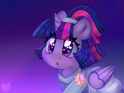 Size: 3979x2989 | Tagged: safe, artist:bunxl, imported from derpibooru, twilight sparkle, alicorn, pony, the last problem, :o, alternate hairstyle, clothes, coronation dress, cute, dress, eye clipping through hair, female, heart eyes, high res, mare, open mouth, purple background, second coronation dress, simple background, solo, starry eyes, twiabetes, twilight sparkle (alicorn), wingding eyes