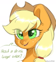 Size: 1620x1792 | Tagged: safe, artist:cottonsweets, imported from derpibooru, applejack, pony, bust, cute, dialogue, ear fluff, eye clipping through hair, female, jackabetes, mare, open mouth, portrait, simple background, solo, speech bubble, white background