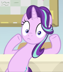 Size: 813x938 | Tagged: safe, imported from derpibooru, screencap, starlight glimmer, pony, a horse shoe-in, bipedal, bipedal leaning, cropped, desk, female, leaning, shocked, solo