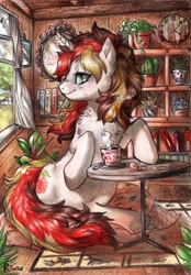 Size: 745x1073 | Tagged: safe, artist:furiarossaandmimma, imported from derpibooru, oc, oc only, oc:scarlet serenade, pony, unicorn, calm, chocolate, cottagecore, detailed background, female, food, hot chocolate, indoors, mare, solo