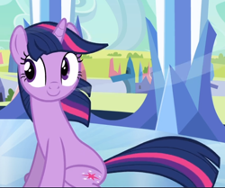 Size: 720x602 | Tagged: safe, imported from derpibooru, screencap, twilight sparkle, pony, unicorn, the crystal empire, cropped, cute, female, mare, sitting, smiling, solo, twiabetes, unicorn twilight, windswept mane, windswept tail