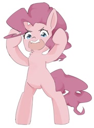 Size: 940x1280 | Tagged: safe, artist:mikey_pony, imported from derpibooru, pinkie pie, earth pony, pony, bipedal, chest fluff, cute, diapinkes, fangs, female, mare, open mouth, simple background, smiling, solo, white background