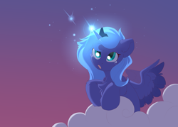 Size: 3500x2500 | Tagged: safe, artist:kebchach, imported from derpibooru, princess luna, alicorn, pony, cloud, colored wings, crown, evening, evening sky, female, filly, gradient background, high res, jewelry, luna's crown, magic, multicolored wings, regalia, sky, solo, teary eyes, wings, woona, younger