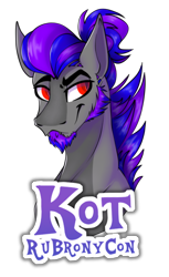 Size: 416x680 | Tagged: safe, artist:princessluna325, imported from derpibooru, oc, oc only, bat pony, pony, badge, beard, bust, cyrillic, facial hair, rubronycon, russian, simple background, solo, text, transparent background