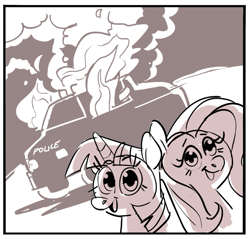 Size: 681x651 | Tagged: safe, artist:kylesmeallie, imported from derpibooru, fluttershy, twilight sparkle, burning, car, fire, monochrome, police car, pure unfiltered evil, smiling, this is fine