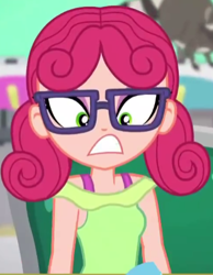 Size: 326x421 | Tagged: safe, imported from derpibooru, screencap, alizarin bubblegum, equestria girls, equestria girls series, tip toppings, tip toppings: fluttershy, spoiler:eqg series (season 2), angry, cropped, female, glasses, solo focus