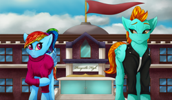 Size: 1832x1067 | Tagged: safe, artist:crimsonwolf360, imported from derpibooru, lightning dust, rainbow dash, pegasus, pony, building, clothes, high school, jacket, looking at each other, raised hoof, school, sweater