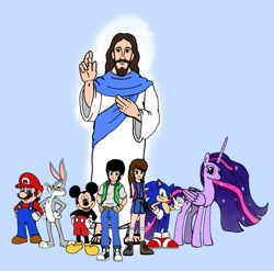 Size: 3599x3553 | Tagged: safe, artist:jmantheangel, imported from derpibooru, lily, lily valley, twilight sparkle, oc, oc:j-man, alicorn, anthro, hedgehog, human, mouse, rabbit, unicorn, animal, anthro with ponies, bugs bunny, christianity, crossover, it came from deviantart, jesus christ, looking at you, looney tunes, mario, mickey mouse, religion, simple background, smiling, sonic the hedgehog, sonic the hedgehog (series), super mario bros., twilight sparkle (alicorn)