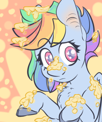 Size: 500x600 | Tagged: safe, artist:rumlion, imported from derpibooru, rainbow dash, pegasus, pony, my little pony: pony life, princess probz, spoiler:pony life s01e01, abstract background, bust, chest fluff, colored hooves, dirty, female, flan, food, g4.5, heart eyes, looking at you, mare, pudding, raised eyebrow, solo, three quarter view, wingding eyes, wings