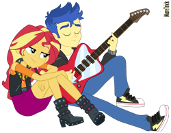 Size: 1183x920 | Tagged: safe, artist:maretrick, imported from derpibooru, flash sentry, sunset shimmer, equestria girls, converse, eyes closed, female, flashimmer, guitar, male, musical instrument, shipping, shoes, simple background, sitting, smiling, straight, transparent background, vector