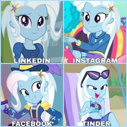 Size: 1080x1080 | Tagged: safe, edit, edited screencap, imported from derpibooru, screencap, trixie, equestria girls, equestria girls (movie), equestria girls series, forgotten friendship, rollercoaster of friendship, street magic with trixie, spoiler:eqg series (season 2), clothes, collage, dolly parton challenge, facebook, female, instagram, linkedin, meme, solo, sunglasses, sunglasses on head, swimsuit, tinder