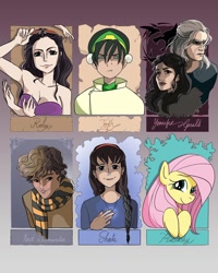 Size: 1080x1349 | Tagged: safe, artist:yack.fr, imported from derpibooru, fluttershy, human, pegasus, pony, six fanarts, avatar the last airbender, bust, castle in the sky, clothes, crossover, eyelashes, female, geralt of rivia, harry potter, harry potter (series), hat, jewelry, male, mare, multiple limbs, necklace, newt scamander, nico robin, one piece, scarf, sheeta, smiling, the witcher, toph bei fong, yennefer of vengerberg