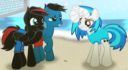 Size: 10830x5984 | Tagged: safe, artist:agkandphotomaker2000, imported from derpibooru, dj pon-3, vinyl scratch, oc, oc:arnold the pony, oc:pony video maker, pegasus, pony, unicorn, absurd resolution, beach, canon x oc, clothes, concerned, deflated, disappointed, disinflated ball, female, holding the laughter, male, ocean, red and black oc, red eyes, shipping, show accurate, sports, stifling laughter, straight, swimsuit, unicorn problems, videoscratch, volleyball, volleyball net