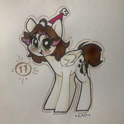 Size: 2048x2048 | Tagged: safe, artist:madkadd, imported from derpibooru, oc, oc only, pegasus, pony, :d, blush sticker, blushing, female, hat, mare, open mouth, party hat, pegasus oc, signature, smiling, solo, traditional art, wings