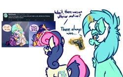 Size: 4000x2500 | Tagged: safe, artist:witchtaunter, imported from derpibooru, bon bon, lyra heartstrings, sweetie drops, earth pony, pony, unicorn, always has been, butt, chest fluff, crying, dock, female, gun, imminent death, imminent murder, l.u.l.s., mare, meme, plot, simple background, tail, vulgar, wait it's all ohio, weapon, white background