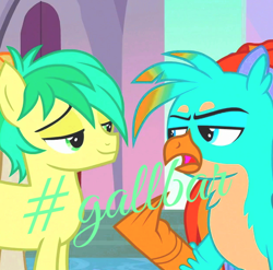 Size: 624x617 | Tagged: safe, color edit, edit, edited screencap, editor:yourockedcp, imported from derpibooru, screencap, gallus, sandbar, earth pony, griffon, pony, colored, gallbar, gay, male, shipping, test