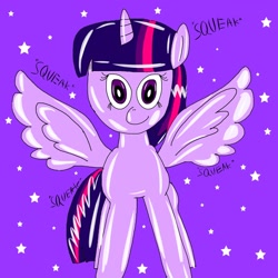 Size: 1536x1536 | Tagged: safe, artist:usadude, imported from derpibooru, twilight sparkle, alicorn, original species, rubber pony, cute, female, glossy, mare, onomatopoeia, purple background, rubber, shiny, simple background, solo, spread wings, stars, twilight sparkle (alicorn), wings