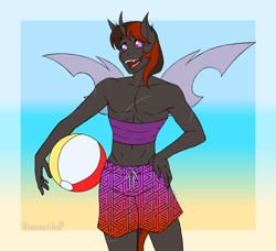 Size: 3400x3100 | Tagged: safe, artist:hasana-chan, imported from derpibooru, oc, oc only, oc:onyx dust, anthro, changeling, anthro oc, beach ball, changeling oc, clothes, commission, digital art, fangs, gift art, gradient background, happy, male, open mouth, partial nudity, purple changeling, scar, smiling, solo, swimming trunks, topless