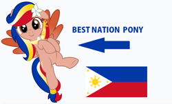 Size: 888x538 | Tagged: safe, artist:jhayarr23, edit, imported from derpibooru, vector edit, oc, oc only, oc:pearl shine, pegasus, pony, caption arrow, cute, flower, flower in hair, flying, looking at you, nation ponies, ocbetes, patriotic, philippines, ponified, show accurate, simple background, solo, vector, white background