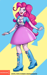 Size: 531x850 | Tagged: safe, alternate version, artist:srasomeone, imported from derpibooru, pinkie pie, equestria girls, boots, breasts, busty pinkie pie, cleavage, clothes, female, open mouth, shoes, skirt, solo