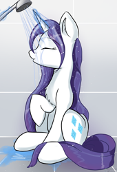 Size: 1512x2230 | Tagged: safe, artist:exploretheweb, imported from derpibooru, rarity, pony, unicorn, chest fluff, eyes closed, female, magic, shower, solo, telekinesis, wet, wet mane, wet mane rarity