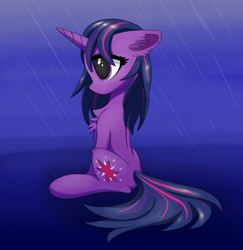 Size: 2480x2547 | Tagged: safe, artist:itchystomach, imported from derpibooru, twilight sparkle, pony, unicorn, blue background, chest fluff, digital art, ear fluff, female, rain, simple background, solo, unicorn twilight, wet, wet mane