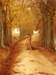 Size: 3543x4724 | Tagged: safe, artist:lin feng, imported from derpibooru, applejack, earth pony, pony, autumn, cowboy hat, female, hat, high res, looking away, mare, no pupils, raised hoof, scenery, solo, tree