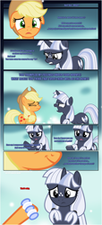 Size: 1919x4225 | Tagged: safe, artist:estories, imported from derpibooru, applejack, oc, oc:silverlay, earth pony, original species, pony, unicorn, comic:a(pple)ffection, angry, bracelet, canon x oc, comic, female, implied shipping, jewelry, lesbian, mare, show accurate, smiling, umbra pony, vector, yelling