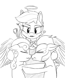 Size: 1228x1472 | Tagged: safe, artist:dacaoo, imported from derpibooru, king sombra, rainbow dash, sweetie belle, pegasus, pony, unicorn, angel, boop, crossed horns, eyes closed, halo, holiday, horn, horns are touching, monochrome, noseboop, now kiss, tsundere, valentine, valentine's day