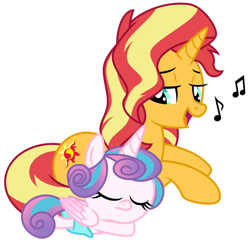 Size: 1024x1002 | Tagged: safe, artist:emeraldblast63, imported from derpibooru, princess flurry heart, sunset shimmer, alicorn, pony, unicorn, equestria girls, auntie sunset, backwards cutie mark, cute, duo, flurrybetes, lullaby, mama sunset, music notes, prone, simple background, singing, sleeping, transparent background