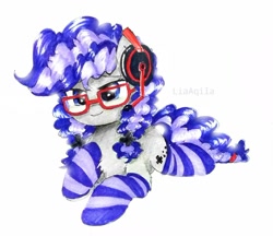 Size: 962x831 | Tagged: safe, artist:liaaqila, imported from derpibooru, oc, oc only, oc:cinnabyte, pony, adorkable, cinnabetes, clothes, commission, cute, dork, gaming headset, headphones, headset, pigtails, socks, solo, striped socks, traditional art