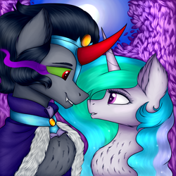 Size: 3000x3000 | Tagged: safe, artist:darklight1315, idw, imported from derpibooru, king sombra, princess celestia, alicorn, pony, unicorn, celestibra, chest fluff, colored horn, curved horn, eye contact, female, former good king sombra, good king sombra, good sombra's cape, horn, looking at each other, male, moon, shipping, sombra eyes, sombra horn, sombra's cape, straight