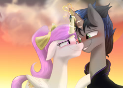 Size: 700x500 | Tagged: artist needed, safe, artist:lettelauren, imported from derpibooru, king sombra, princess celestia, alicorn, unicorn, alternate hairstyle, blushing, celestibra, eye contact, female, good king sombra, heart, horn, horns are touching, lidded eyes, looking at each other, magic, male, pink-mane celestia, ponytail, shipping, smiling, straight, young celestia, young sombra, younger