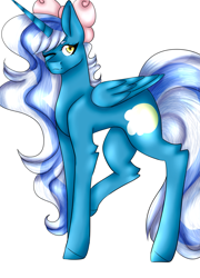 Size: 2287x3175 | Tagged: safe, artist:uczuciatm, imported from derpibooru, oc, oc only, oc:fleurbelle, alicorn, pony, adorabelle, alicorn oc, bow, female, hair bow, horn, leg fluff, mare, smiling, solo, wings, winking at you, yellow eyes