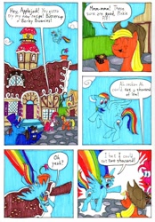 Size: 788x1134 | Tagged: safe, artist:emperornortonii, imported from derpibooru, applejack, pinkie pie, rainbow dash, oc, earth pony, pegasus, pony, unicorn, comic:of ponies and brownies, brownies, comic, food, rainbow trail, sugarcube corner, traditional art