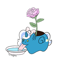 Size: 1280x1275 | Tagged: safe, artist:lib-fluffymoss, imported from derpibooru, oc, oc only, oc:fleurbelle, alicorn, pony, adorabelle, alicorn oc, bow, bowl, cute, female, flower, hair bow, horn, licking, mare, ocbetes, rose, simple background, solo, tongue out, transparent background, water, wings, yellow eyes