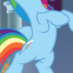 Size: 299x297 | Tagged: safe, imported from derpibooru, screencap, rainbow dash, pegasus, pony, the beginning of the end, belly, cropped, featureless crotch, female, flying, open mouth, pictures of bellies, solo