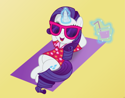 Size: 5425x4248 | Tagged: safe, artist:anime-equestria, imported from derpibooru, rarity, pony, unicorn, arm behind head, beach, clothes, drink, female, happy, hawaiian shirt, horn, levitation, magic, mare, relaxing, shirt, solo, straw, summer, sunglasses, telekinesis, towel