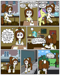 Size: 2400x3000 | Tagged: safe, artist:scraggleman, imported from derpibooru, oc, oc only, oc:caramel macchiato, earth pony, unicorn, briefcase, coat markings, coffee shop, comic, mug, necktie, pinto, ponytail