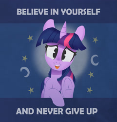 Size: 3500x3648 | Tagged: safe, artist:jimmyjamno1, imported from derpibooru, twilight sparkle, alicorn, pony, complex background, cute, daaaaaaaaaaaw, female, frog (hoof), halo, high res, looking at you, mare, mathematics in the comments, moon, motivational, motivational poster, positive ponies, raised hoof, solo, stars, text, twiabetes, twilight sparkle (alicorn), underhoof