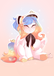 Size: 2500x3500 | Tagged: safe, artist:kebchach, imported from derpibooru, oc, oc only, pegasus, pony, bonnet, chick, eyes closed, freckles, raised hoof, sitting, smiling, solo