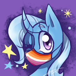 Size: 482x484 | Tagged: safe, artist:kaywhitt, imported from derpibooru, trixie, pony, unicorn, commission, coronavirus, covid-19, curved horn, demigirl pride flag, face mask, female, horn, lesbian pride flag, mare, mask, one eye closed, pride, pride flag, solo, stars, trans girl, trans trixie, transgender, transgender pride flag, wink, ych result