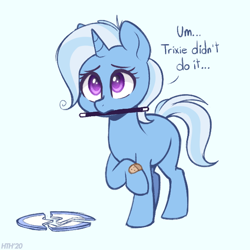 Size: 600x600 | Tagged: safe, artist:higgly-chan, imported from derpibooru, trixie, pony, unicorn, bandaid, blank flank, blatant lies, broken, cute, daaaaaaaaaaaw, diatrixes, female, filly, filly trixie, lies, magic wand, mouth hold, plate, raised hoof, simple background, solo, third person, wand, white background, younger