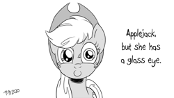 Size: 1200x675 | Tagged: safe, artist:pony-berserker, imported from derpibooru, applejack, earth pony, pony, female, glass eye, halftone, hat, monochrome, pony-berserker's twitter sketches, scar, simple background, solo, stippling, white background