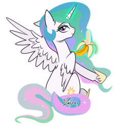 Size: 1024x1024 | Tagged: safe, artist:lailyren, imported from derpibooru, princess celestia, alicorn, pony, banana, bananalestia, ear down, ear fluff, female, food, herbivore, looking at you, looking back, looking back at you, magic, mare, one ear down, simple background, sitting, solo, telekinesis, transparent background