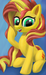 Size: 1873x3000 | Tagged: safe, artist:flusanix, imported from derpibooru, sunset shimmer, pony, unicorn, blue background, female, mare, open mouth, simple background, sitting, solo