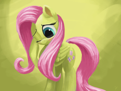 Size: 4000x3000 | Tagged: safe, artist:flusanix, imported from derpibooru, fluttershy, pegasus, pony, blushing, cute, female, high res, mare, one eye closed, shyabetes, simple background, solo, yellow background