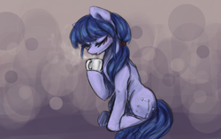 Size: 1440x906 | Tagged: safe, artist:elisdoominika, imported from derpibooru, oc, oc only, oc:cosmia nebula, earth pony, pony, bangs, eyes closed, food, mug, ponytail, sitting, solo, steam, tea